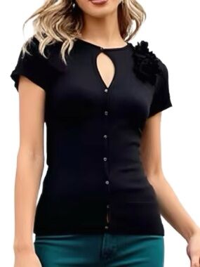 Femme De Carriere Silk Black Keyhole Sweater with Floral Accent Size Small